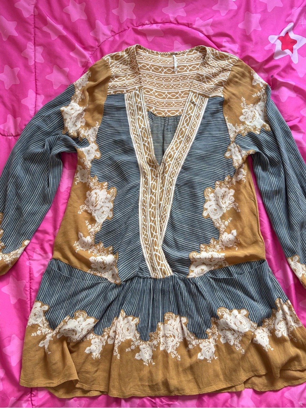 Free People Two-Tone Floral Long-Sleeve Tunic Dress Size Large